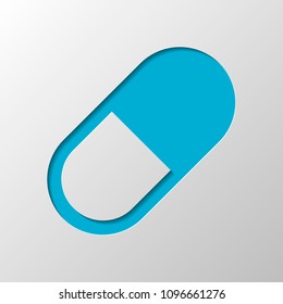 simple symbol of pill or vitamin. Paper design. Cutted symbol with shadow