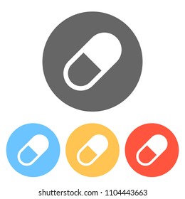 simple symbol of pill or vitamin. Set of white icons on colored circles