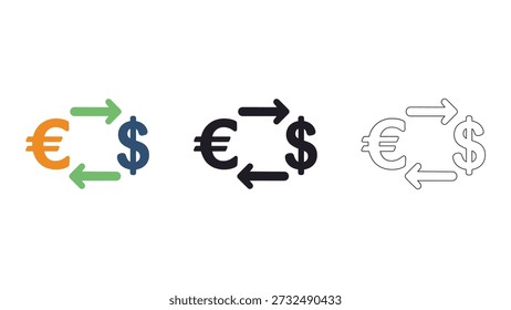 einfaches Symbol, das den Währungsumtausch zwischen Euro und Dollar darstellt und die Umrechnung und den Geldfluss zwischen den beiden Währungen darstellt.