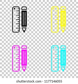 simple symbol of ruler and pencil. Colored set of cmyk icons on transparent background