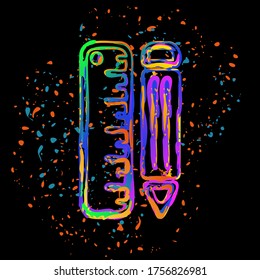 simple symbol of ruler and pencil. Colored ink with splashes on black background