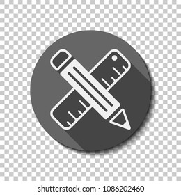 simple symbol of ruler and pencil, criss-cross. White flat icon with long shadow in circle on transparent background. Badge or sticker style