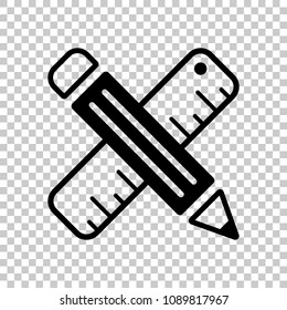 simple symbol of ruler and pencil, criss-cross. On transparent background.