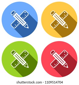 simple symbol of ruler and pencil, criss-cross. Set of white icons with long shadow on blue, orange, green and red colored circles. Sticker style