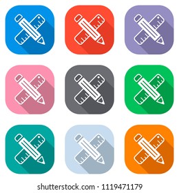 simple symbol of ruler and pencil, criss-cross. Set of white icons on colored squares for applications. Seamless and pattern for poster