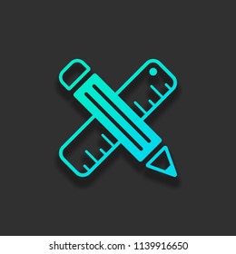 simple symbol of ruler and pencil, criss-cross. Colorful logo concept with soft shadow on dark background. Icon color of azure ocean