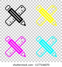 simple symbol of ruler and pencil, criss-cross. Colored set of cmyk icons on transparent background