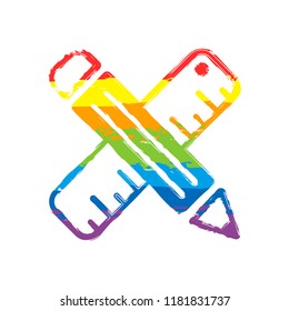 simple symbol of ruler and pencil, criss-cross. Drawing sign with LGBT style, seven colors of rainbow (red, orange, yellow, green, blue, indigo, violet