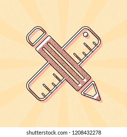 simple symbol of ruler and pencil, criss-cross. Vintage retro typography with offset printing effect. Dots poster with comics pop art background
