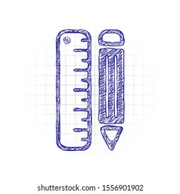 simple symbol of ruler and pencil. Hand drawn sketched picture with scribble fill. Blue ink. Doodle on white background