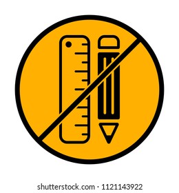 simple symbol of ruler and pencil. not allowed, black object in warning sign with orange background color