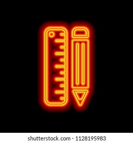 simple symbol of ruler and pencil. Orange neon style on black background. Light icon