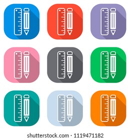 simple symbol of ruler and pencil. Set of white icons on colored squares for applications. Seamless and pattern for poster