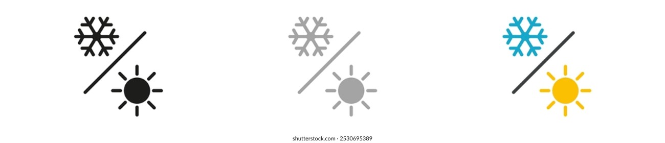 Simple symbol snowflake and sun. Modern sign season summer and winter. Element hot climate and cold climate in vector design