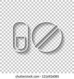 simple symbols of pills or vitamins. White outline sign with shadow on transparent background