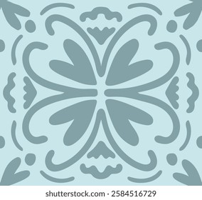 Simple symmetric flower design with petals, stamens and dots in color palette of ash blue on sky blue background. Pretty floral geometric seamless vector pattern.Great for home decor, fabric,wallpaper