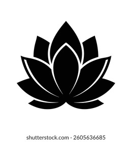 A simple, symmetrical, and stylized black lotus flower design against a plain white background.