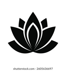 A simple, symmetrical, and stylized black lotus flower design against a plain white background.