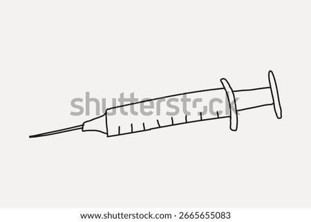 Simple syringe illustration, black and white syringe drawing, medical syringe sketch. Syringe art outline image on a plain background. Healthcare illustration vector.