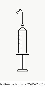 Simple syringe illustration with liquid droplets. Syringe icon in black outline. Medical syringe with liquid. Syringe design for healthcare themes. Line art illustration vector.
