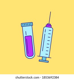 Simple syringe vector illustration on yellow background. Linear color style of syringe icon 