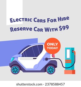 Simple system for booking and renting electric car for small amount per day, economical and ecological trips with advanced technologies. Promotional banner advertisement poster, vector in flat style