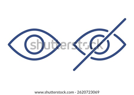 Simple system icons view and hide vector isolated. Collection of line symbols for computer and smartphone. Crossed eye for private view, invisible, hidden. Eye as a metaphor of watch and preview.