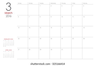 Simple table calendar for 2016 year