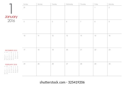 Simple table calendar for 2016 year