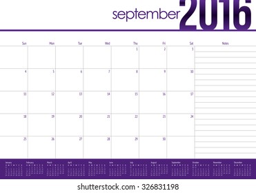Simple table calendar for 2016 year