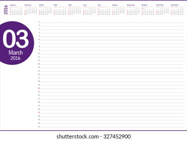 Simple table calendar for 2016 year