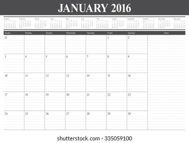 Simple table calendar for 2016 year
