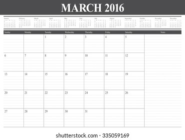 Simple table calendar for 2016 year