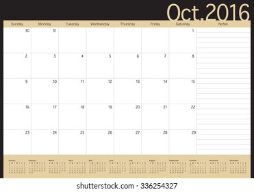 Simple table calendar for 2016 year