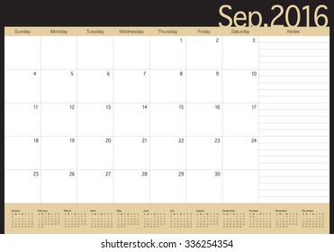 Simple table calendar for 2016 year