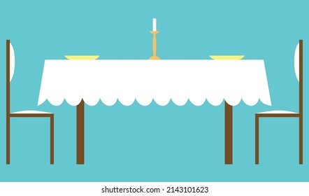 Ein einfacher Tisch mit Stühlen und Kerzen und Tellern, weißer Abdeckung, Holzstühle und -tisch, Kerzenständer , Gerichte , Tisch für das Restaurant und das Haus , Tischanordnung