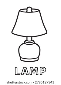 Simple table lamp coloring page for young children featuring a bold outline cartoon desk lamp with a lampshade for educational activity book theme.