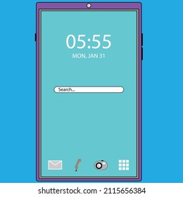 Simple tablet or smartphone interface with a purple frame, clock, date display, search bar, and icons for email, camera. It’s useful for UI UX mockups, app concept design, or tech-focused graphics