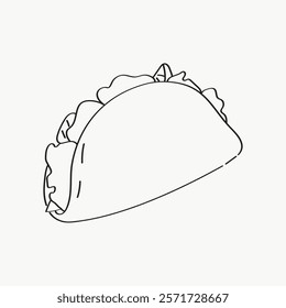 Simple taco line art with lettuce and filling. Minimalist taco design, perfect for food-themed projects. Taco illustration in black and white. Simple black line art doodle vector.