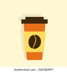 Simple takeaway paper coffee cup icon with coffee beans logo isolated. Vector illustration flat design with shadow.