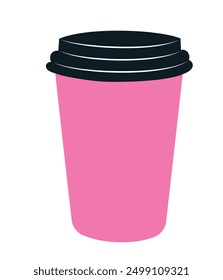 Simple takeaway paper or plastic cup with a lid. Hand drawn vector illustration in flat design, isolated on white