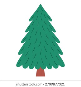 Simples alto estilizado sempre verde com agulha longa como ramos em verde-escuro. Ilustração para o Natal, inverno, floresta, crianças e design da natureza. Vetor plano. Mão desenhada. Plano de fundo isolado.