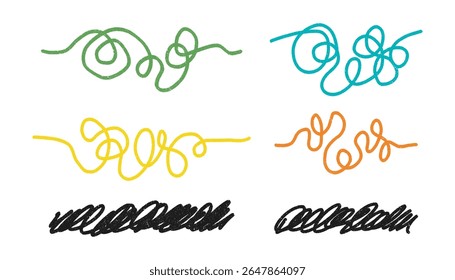 Simple tangled colorful lines set - continuous flowing thread that twists and turns. Raveled lines. Set messy lines, hand drawn chaotic doodle line, tangle of thoughts. Kid chalk element colored lines