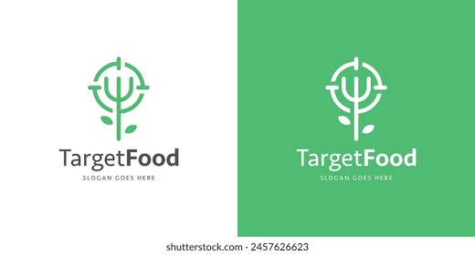 Simple Target Food Logo. Target and Fork with Linear Outline Style. Food Hunter Logo Icon Symbol Vector Design Inspiration.	