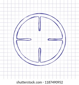 Simple target icon. Hand drawn picture on paper sheet. Blue ink, outline sketch style. Doodle on checkered background