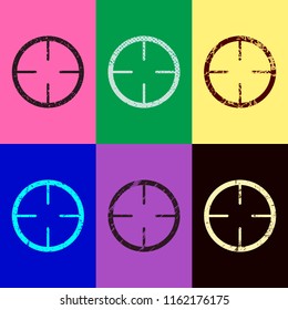 Simple target icon. Pop art style. Scratched icons on 6 colour backgrounds.