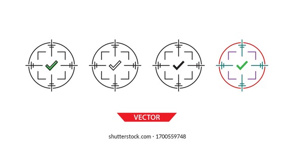 Destino simple en icono de marca de verificación en fondo blanco 4 tipos como contorno, negro, color, contorno y color. Ilustración vectorial.