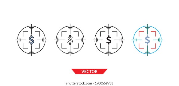 Simple target on dollar icon on white background 4 types such as outline, black, color, outline and color. Vector illustration.
