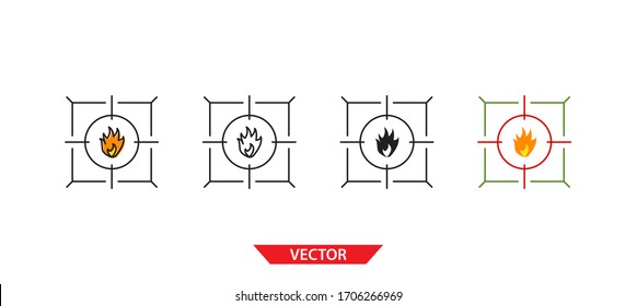 Simple target on fire icon on white background 4 types such as outline, black, color, outline and color. Vector illustration.