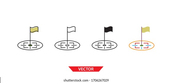 Destino simple en el icono de punto de indicador sobre fondo blanco 4 tipos como contorno, negro, color, contorno y color. Ilustración vectorial.